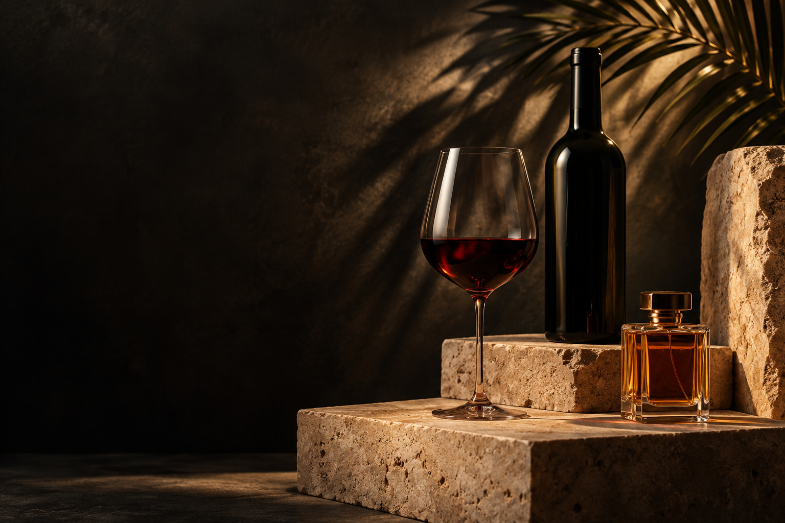 Composição artística com vinho, perfume e pedra em luz dourada